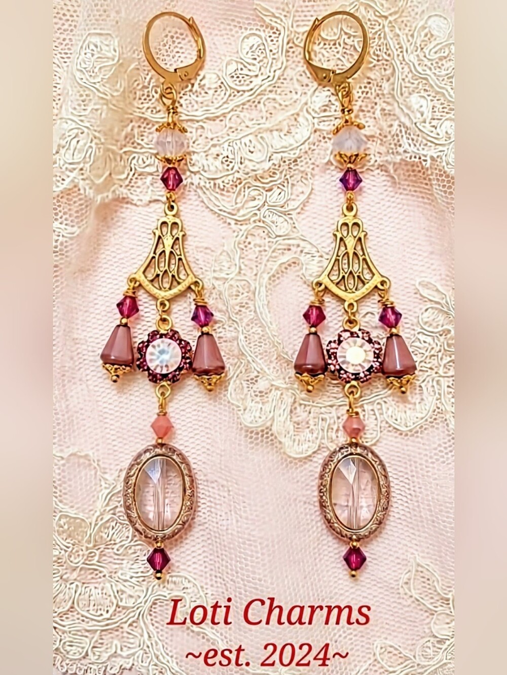 Victorian Opaline Pink W/ Crystal Flowers In 3 Strands Long GP Earrings